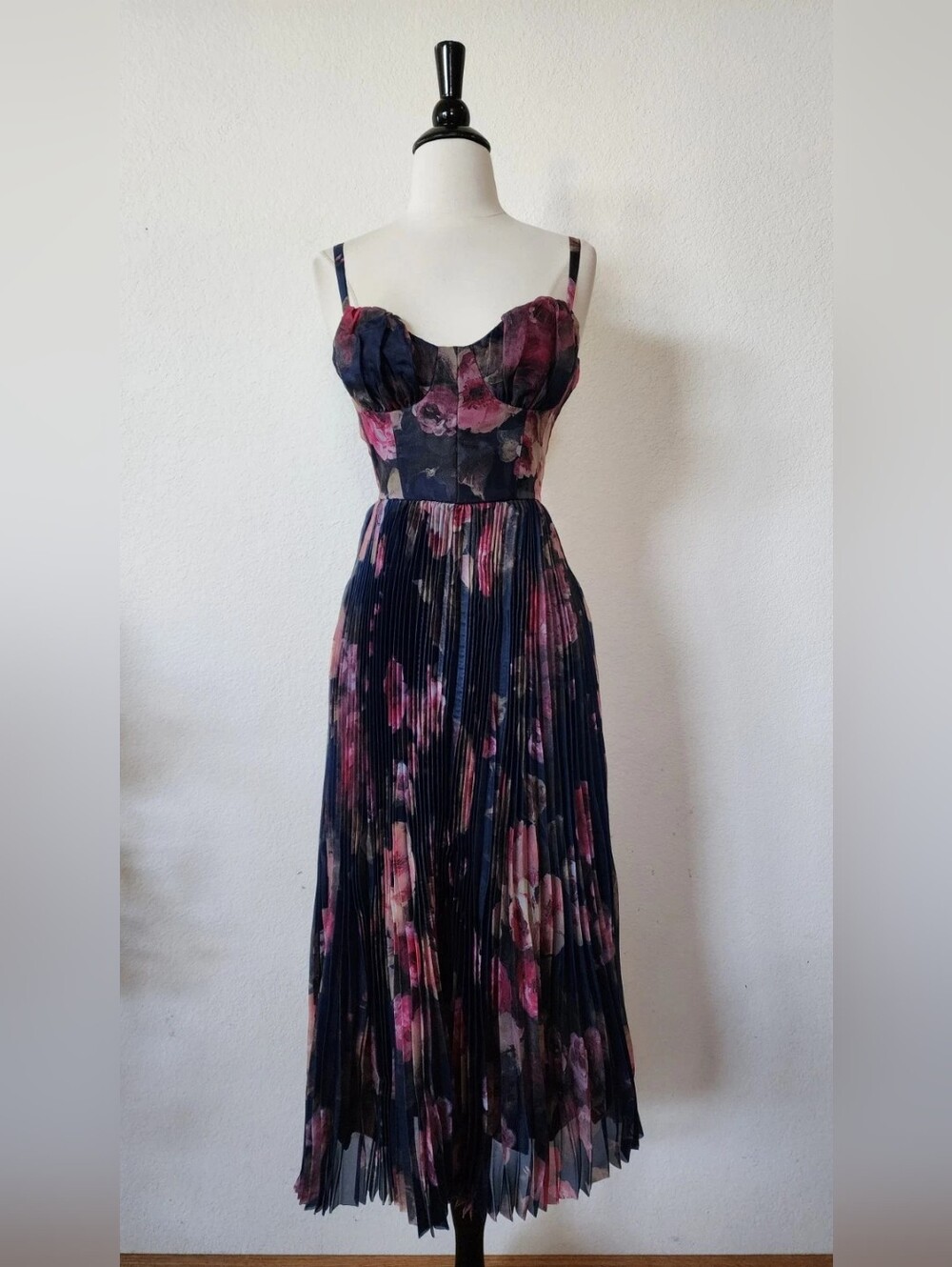 Floral Pleated Midi Dress in Navy and Pink